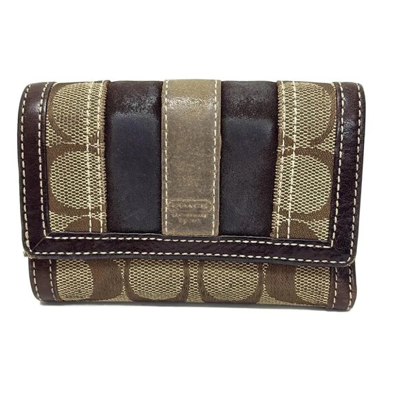 Auth COACH Signature - Khaki Dark Brown Jacquard Leather Trifold Wallet - Picture 1 of 6